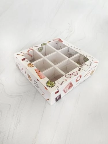 Коробка с обечайкой под 9 конфет, 13,7х13,7х3,7 см, "Школа"