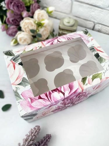Коробка под капкейки с окном 25х17х10 см (на 6 шт.)  "Букет"