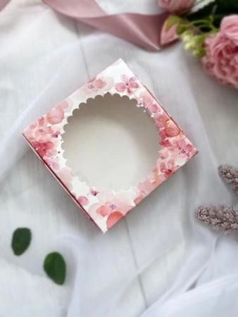 Коробка сборная с окном, 11,5х11,5х3 см , Цвет розовые