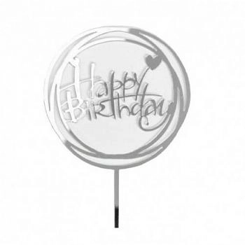Топпер круглый "Happy Birthday" серебрянный